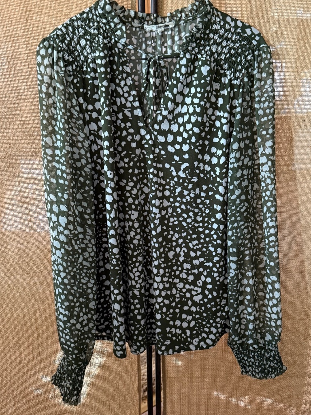 Dark Olive Green and Cream Spotted Beacon Apparel Long Sleeve Blouse XL